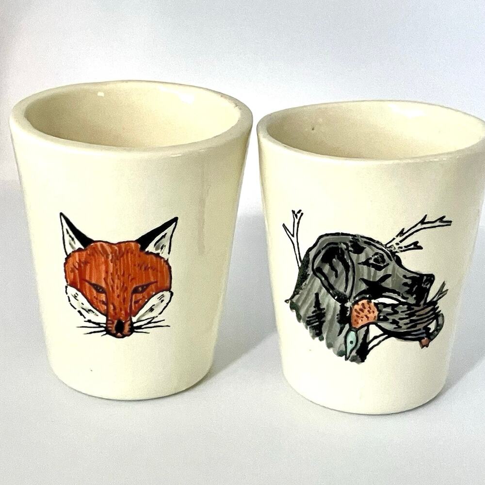 Ceramic Shot Glass Set of 2 Hand Painted Pottery Fox & Labrador Hunting Dog